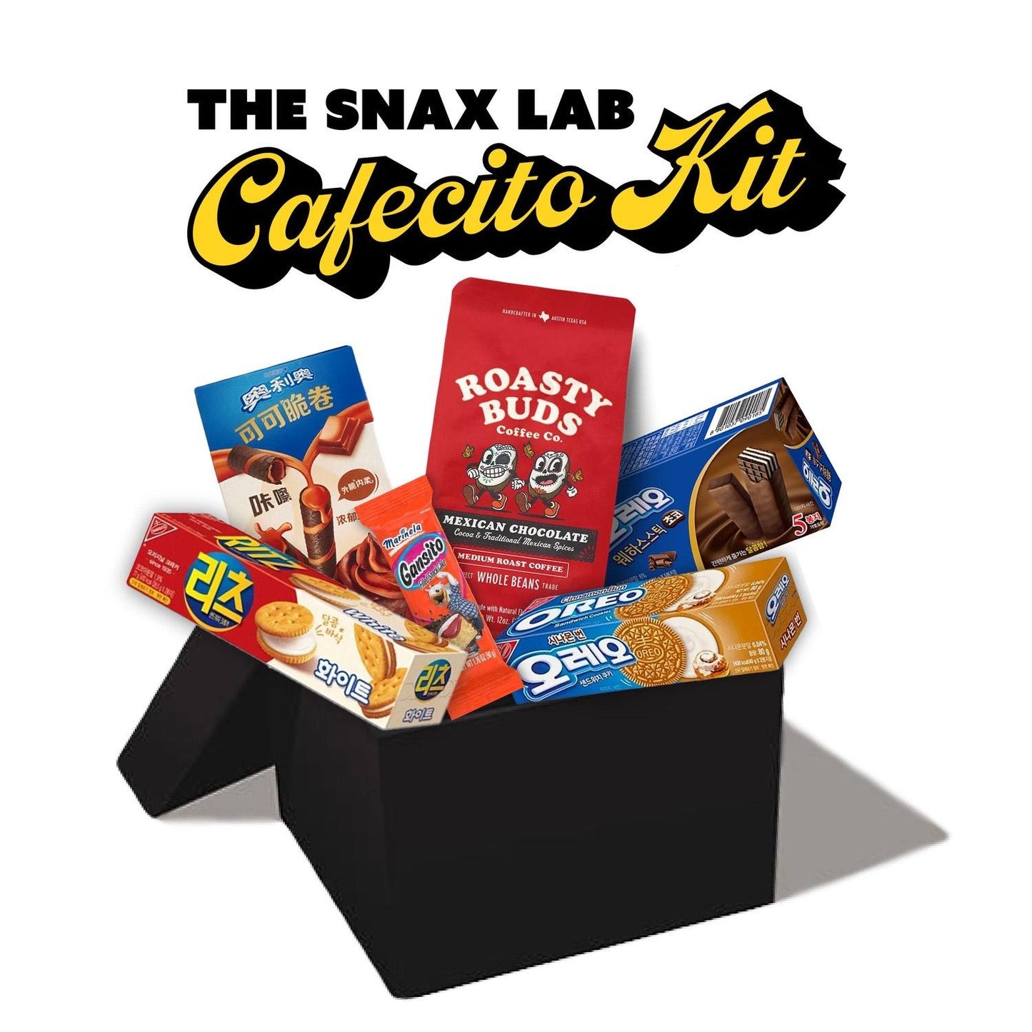 Cafecito Kit (Roasty Buds Mexican Chocolate Flavored Coffee Kit with White Chocolate Cookies, Chocolate Dipped Wafers, and More)