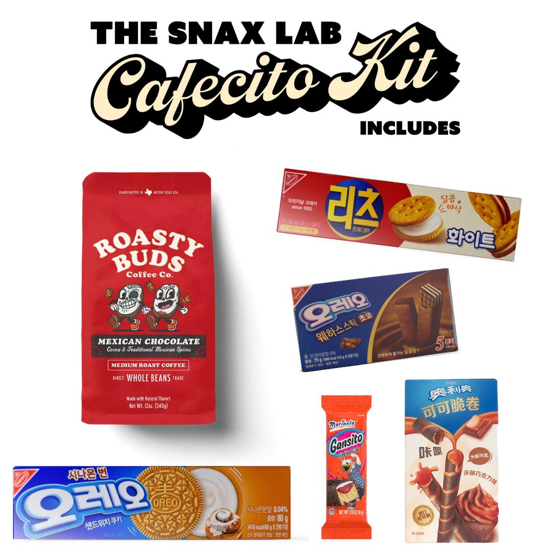 Cafecito Kit (Roasty Buds Mexican Chocolate Flavored Coffee Kit with White Chocolate Cookies, Chocolate Dipped Wafers, and More)