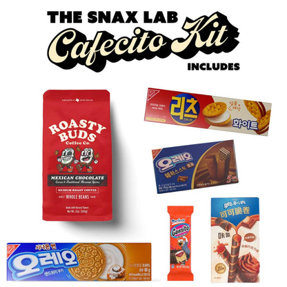 Cafecito Kit (Roasty Buds Mexican Chocolate Flavored Coffee Kit with White Chocolate Cookies, Chocolate Dipped Wafers, and More)