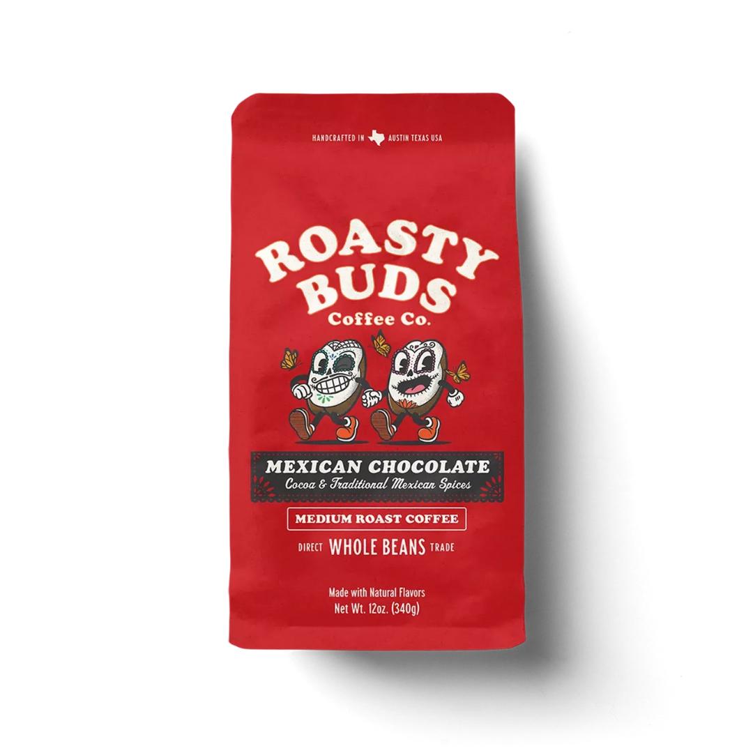 Cafecito Kit (Roasty Buds Mexican Chocolate Flavored Coffee Kit with White Chocolate Cookies, Chocolate Dipped Wafers, and More)